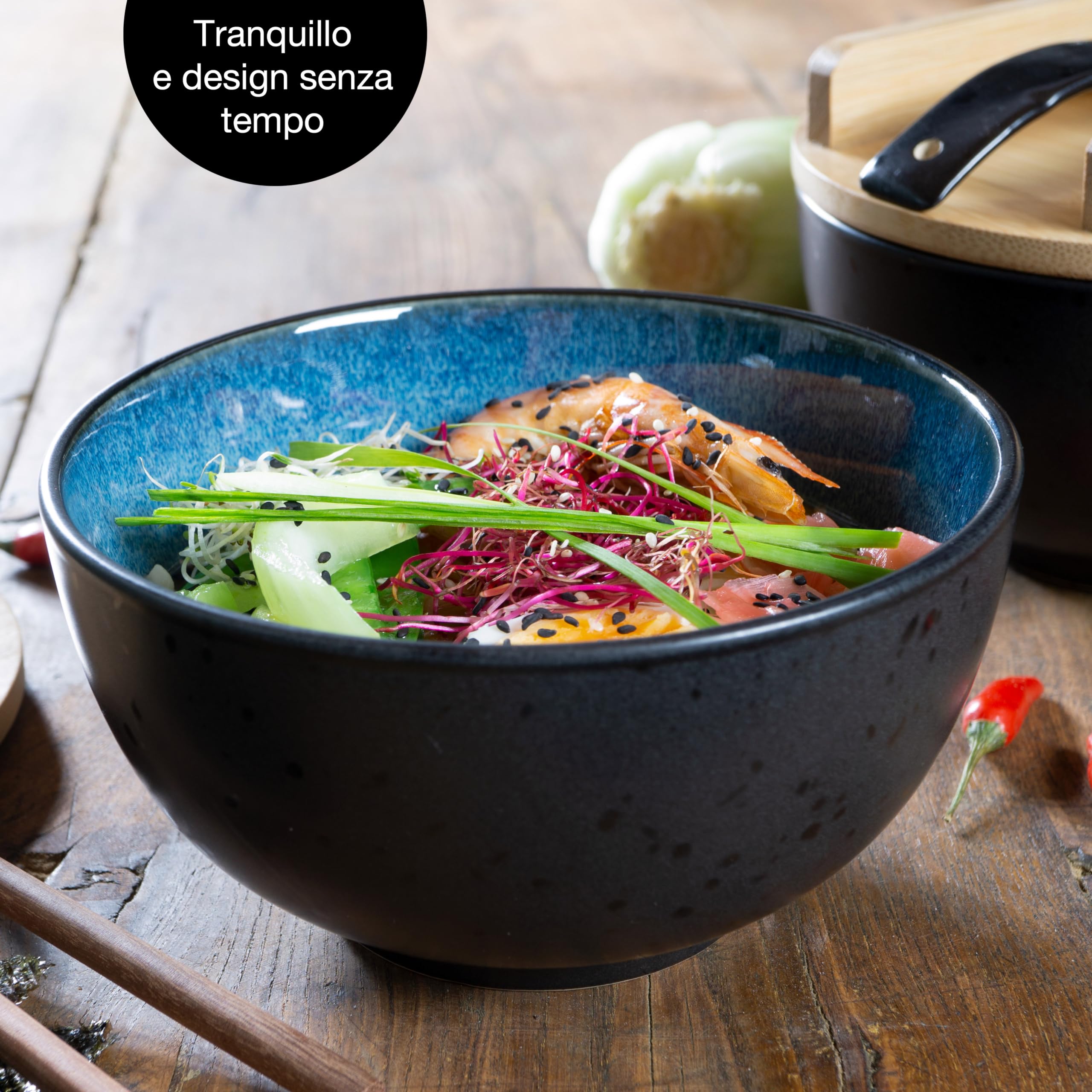 Moritz & Moritz SOLID Ramen - 2 ciotole in ceramica – 600 ml – 15 cm Ø – nero blu – Set per 2 persone – per zuppa, Pho e Sushi Bowl – Incl. bastoncini, coperchio e cucchiaio