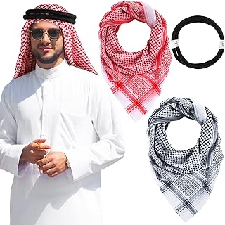 Arab Shemagh with Aqel Rope Muslim Kafiya Keffiyeh Middle Eastern Head Wrap Tactical Desert Head Neck Scarf Wrap Middle Eastern Scarf Headwear Arabic Costume for Men, 55 x 55 Inch, 2 Patterns