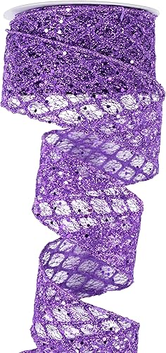 Miniatura 8 de Cinta morada con alambre de 2.5 pulgadas x 10 yardas, cinta con alambre con purpurina, cinta morada para Halloween, decoraciones de Navidad,