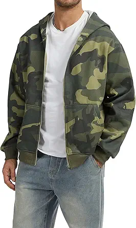Camo Zip up Hoodie Men Full-Zip Fleece Hoodies Oversized Hooded Sweatshirts Maple Leaf Print Long Sleeve Sweatshirt