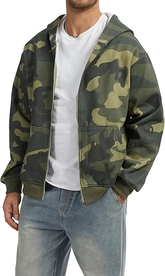 Camo Zip up Hoodie Men Full-Zip Fleece Hoodies Oversized Hooded Sweatshirts Maple Leaf Print Long Sleeve Sweatshirt