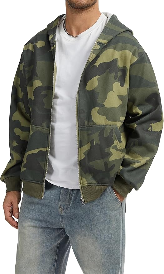 Camo Zip up Hoodie Men Full-Zip Fleece Hoodies Oversized Hooded Sweatshirts Maple Leaf Print Long Sleeve Sweatshirt