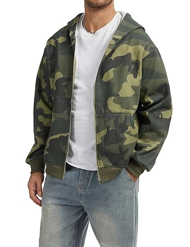Camo Zip up Hoodie Men Full-Zip Fleece Hoodies Oversized Hooded