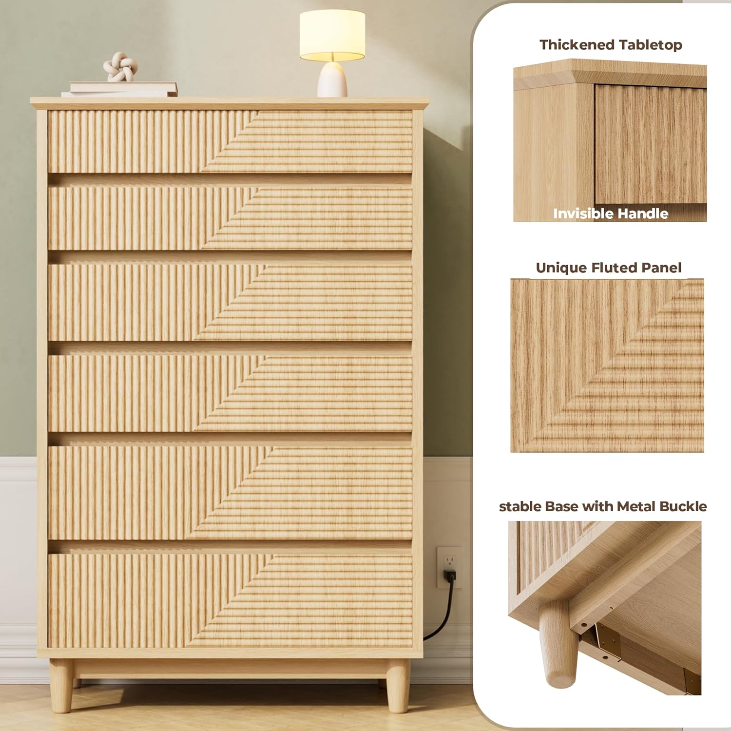 Fluted Dresser with Wide 6 Drawers, 49" Tall Modern Wooden Chest, Built-in Charging Station, Anti-Tipping Large Vertical Dresser for Bedroom/Living Room (TV Stand Compatible), Natural Oak