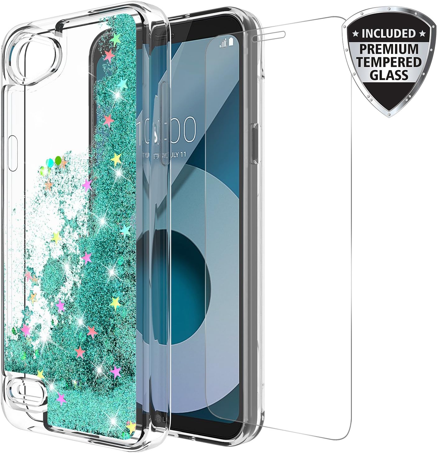 LG Q6 Case, LG Q6 Plus Case, With Tempered Glass Screen Protector Cute Sparkly Glitter Bling Luxury Fashion Liquid Quicksand for Teen Girls Women Clear TPU Bumper Cover For LG Q6 MINI TEAL