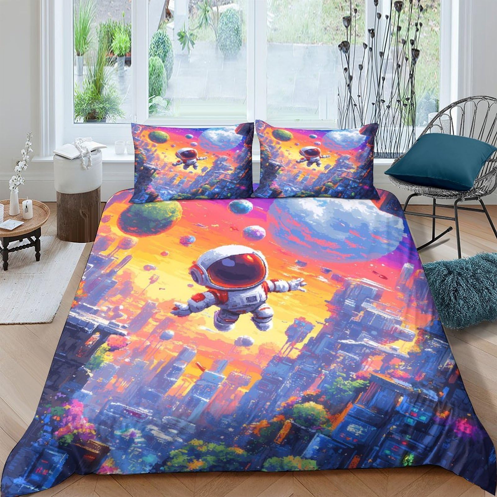 GPLZQXKJNH 3D Printed Astronaut Space Adventure Duvet Cover Microfiber Bedding Set with 2 Pillowcases, Vibrant Galaxy Nebula for Bedroom Decor, Single（135x200cm）
