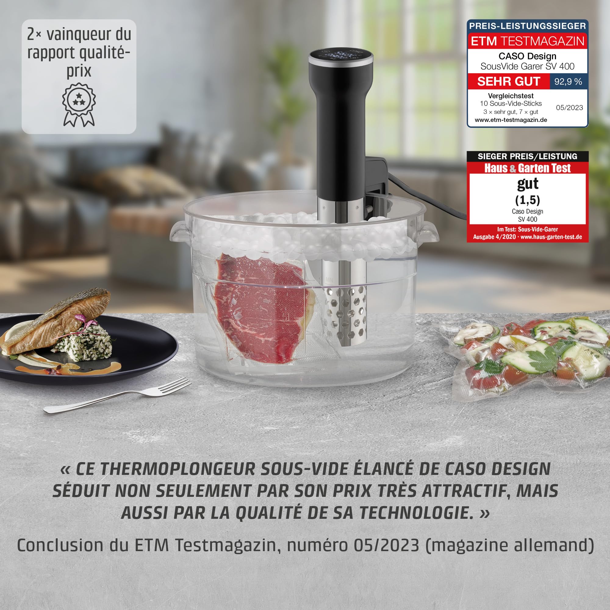 CASO SV400 Stick Sous Vide, pour récipients jusqu'à 20l de volume, 25-90°C par paliers de 0,5°C, IPX7, design peu encombrant
