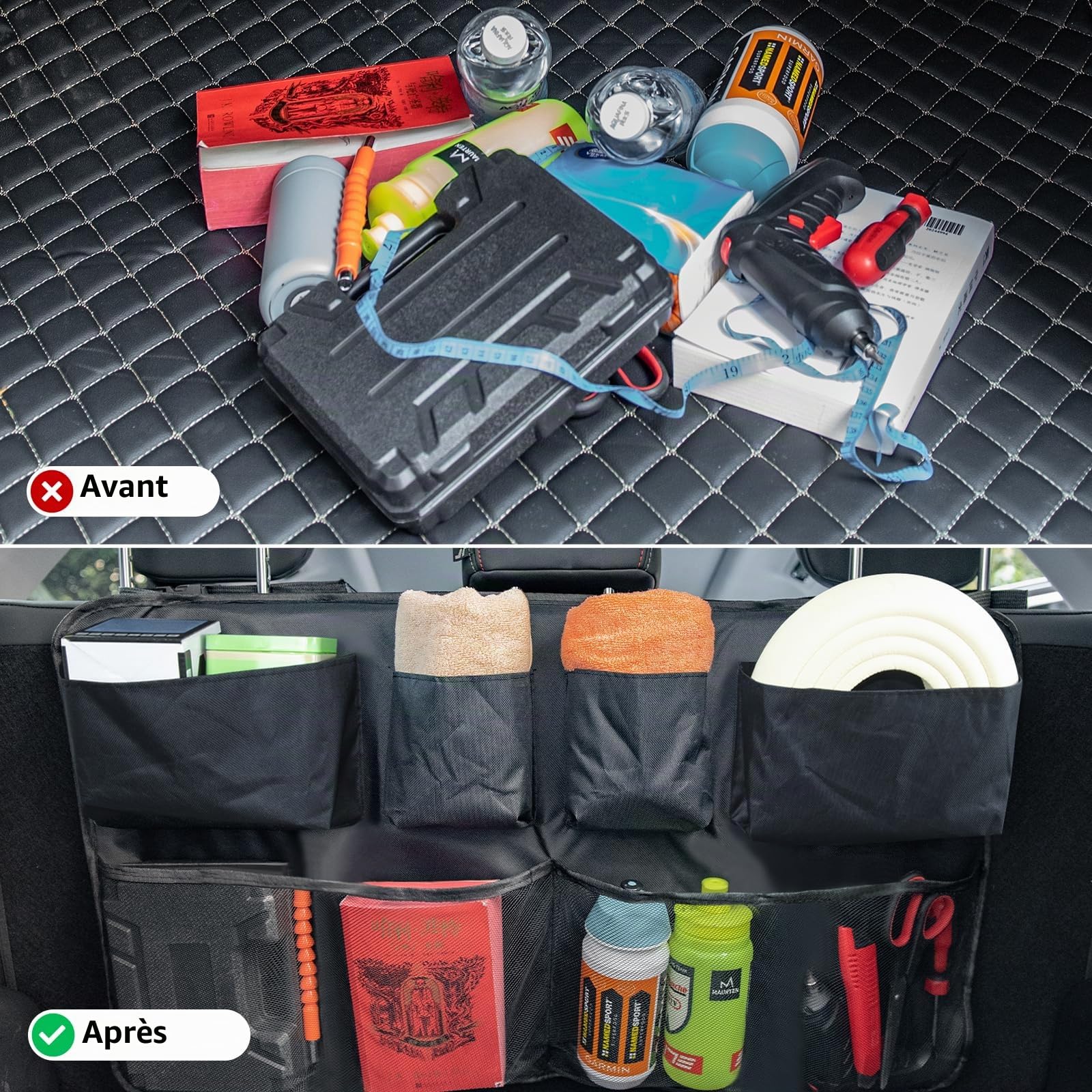 Rangement Coffre Voiture 1860D – Organisateur de Siège Arrière Pliable pour SUV, 8 Poches, Accessoire Voiture Enfant – Noir | Organiseur de coffre de voiture - Accessoires d'intérieur - Tissu Oxford 1680D imperméable - Noir