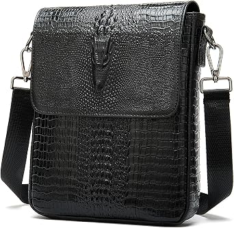 NIUCUNZH Leather Flap Messenger Bag for Men Small Crossbody Shoulder Bag, Novelty Embossed Black, Black, S, Black, S