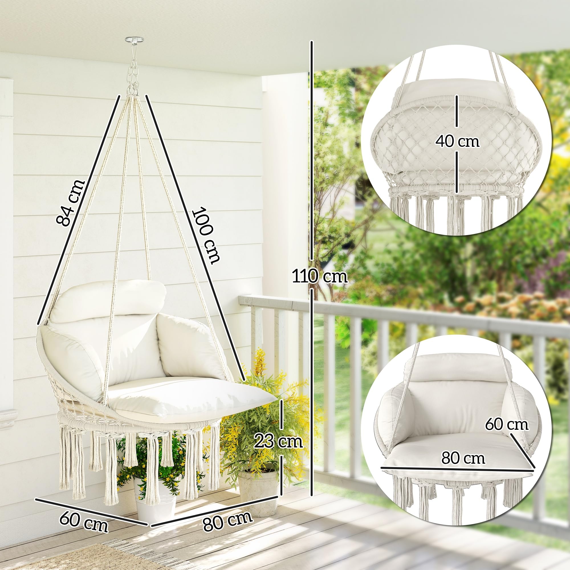Outsunny Poltrona Sospesa da Esterno in Stile Boho con Frange, Cuscino, Corde e Anelli, Sedia Sospesa da Giardino in Acciaio, Cotone e Poliestere, Portata Fino a 120 kg, 80x60x40 cm, Crema