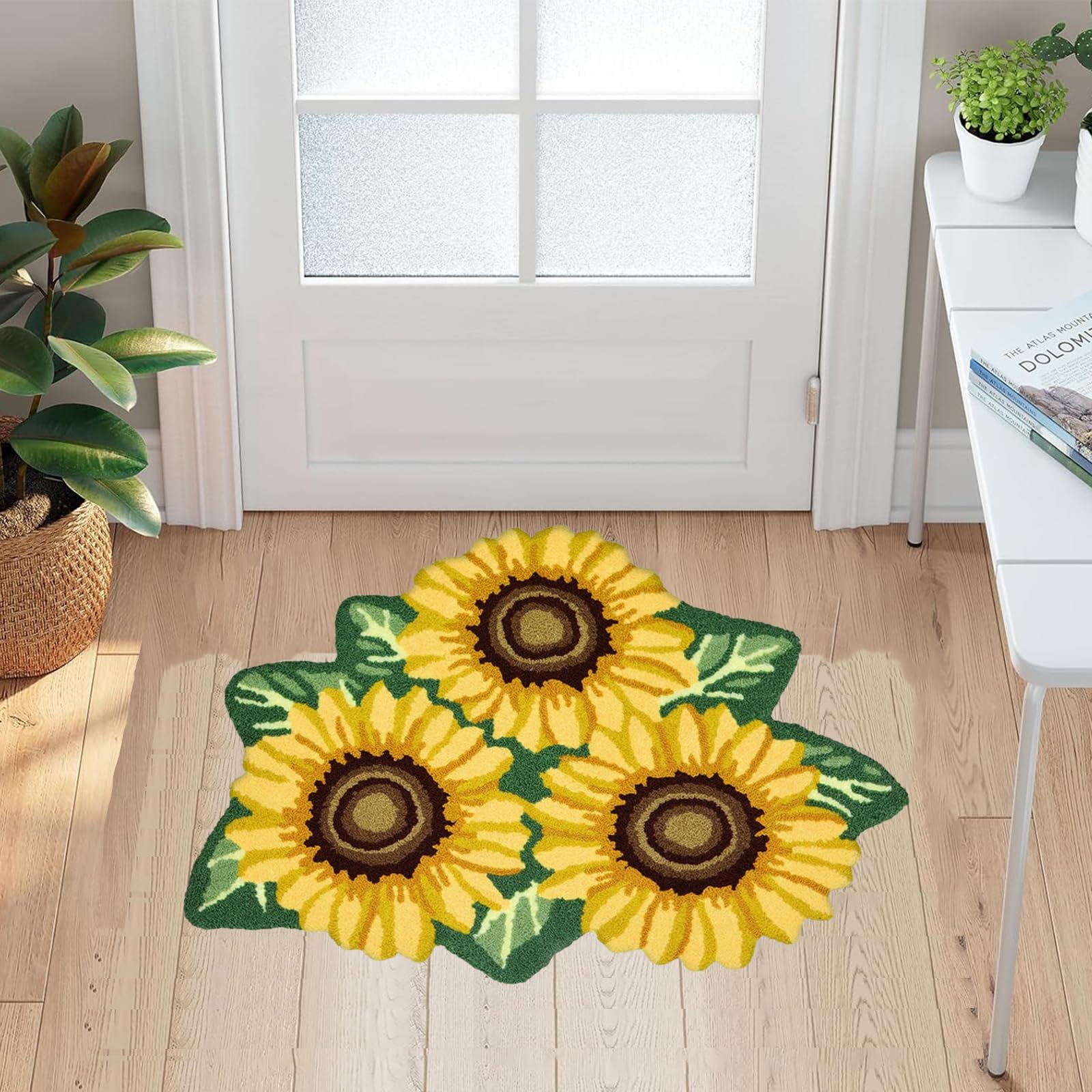 USTIDE Sunflower Rug for Kitchen Handmade Rug Yellow Flower Floor Mat Modern Rustic Carpet Washable Non-Slip Bathroom Mat for Bedroom/Foyer 3x2