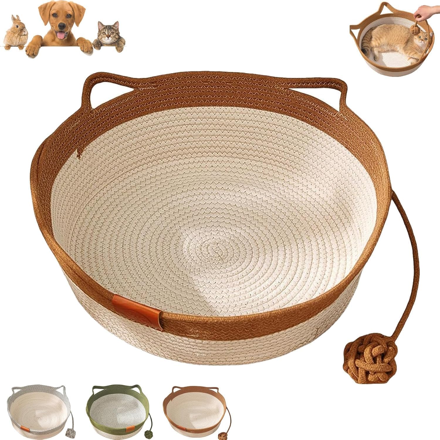 LIFECOSM Cotton Woven Cat Bed Basket, Cat Bed with Toy Tail,Claw-Proof Woven Cotton Rope Cats Cave, Handwoven Cotton Rope Enrichment Bed, for Kitten Puppy All Season Universal (Brown, S)