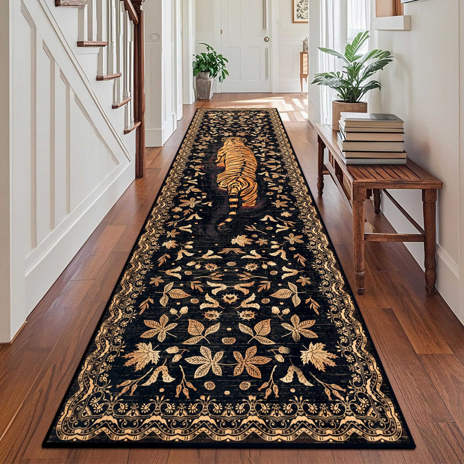 TUKDAK Tiger Hallway Runner Rug 80x300cm,Black Gold Washable Kitchen Carpet Runners with Non-Slip Rubber Backing,Short Pile Non-Shedding Bedroom Rug,Vintage Animal Floor Mat Entryway Door Entrances