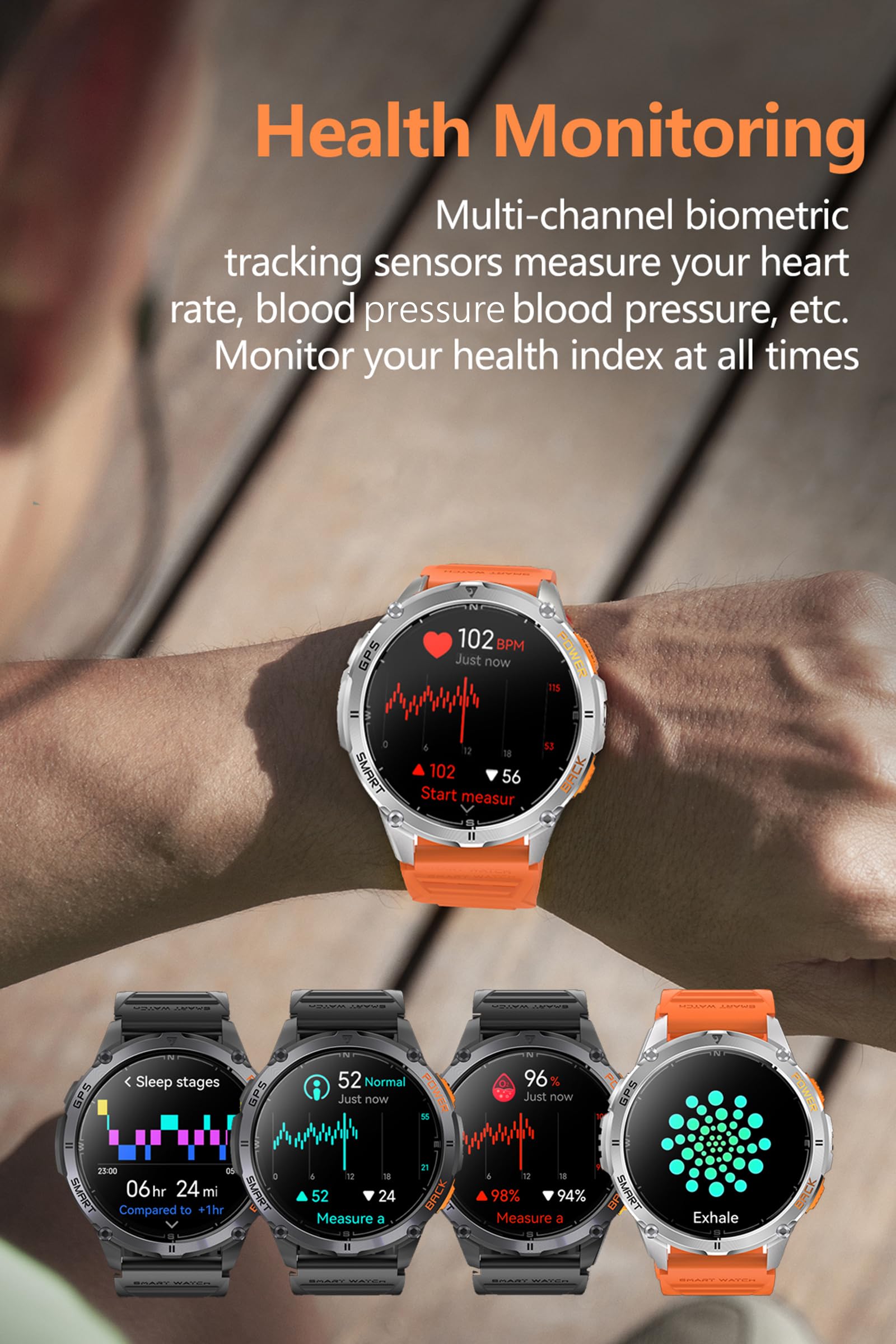 Montre intelligente GPS militaire pour homme avec boussole, altimètre, baromètre, montre de fitness, fréquence cardiaque, pression artérielle, podomètre, montre de course à pied, lampe de poche LED