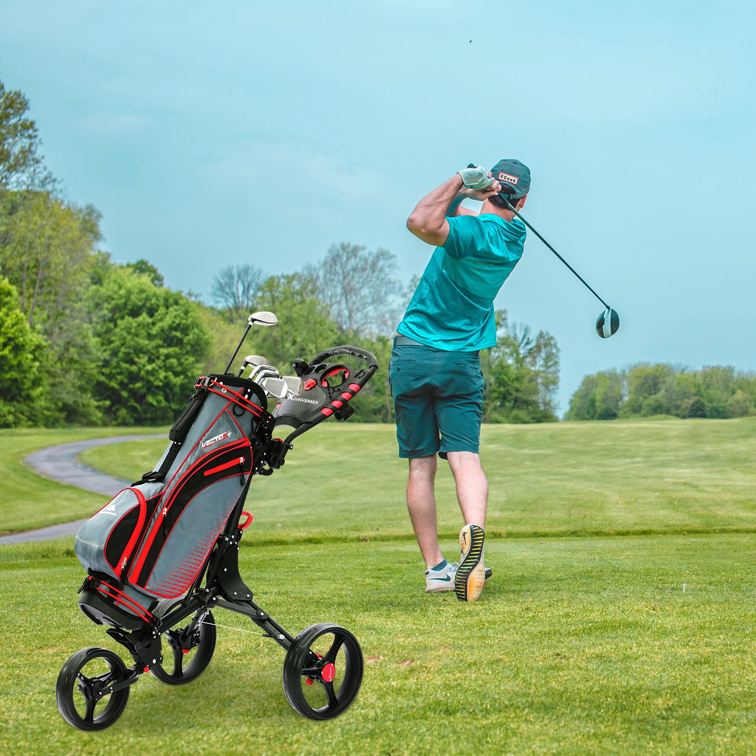 XDriveMax Golf Trolley 3 Rad,Golftrolley Klappbar,Leichter Golf Trolleys für Golfschläger und Golfbag, mit Getränkehalter,Scorekartenhalter und Ablagefach(Grün)