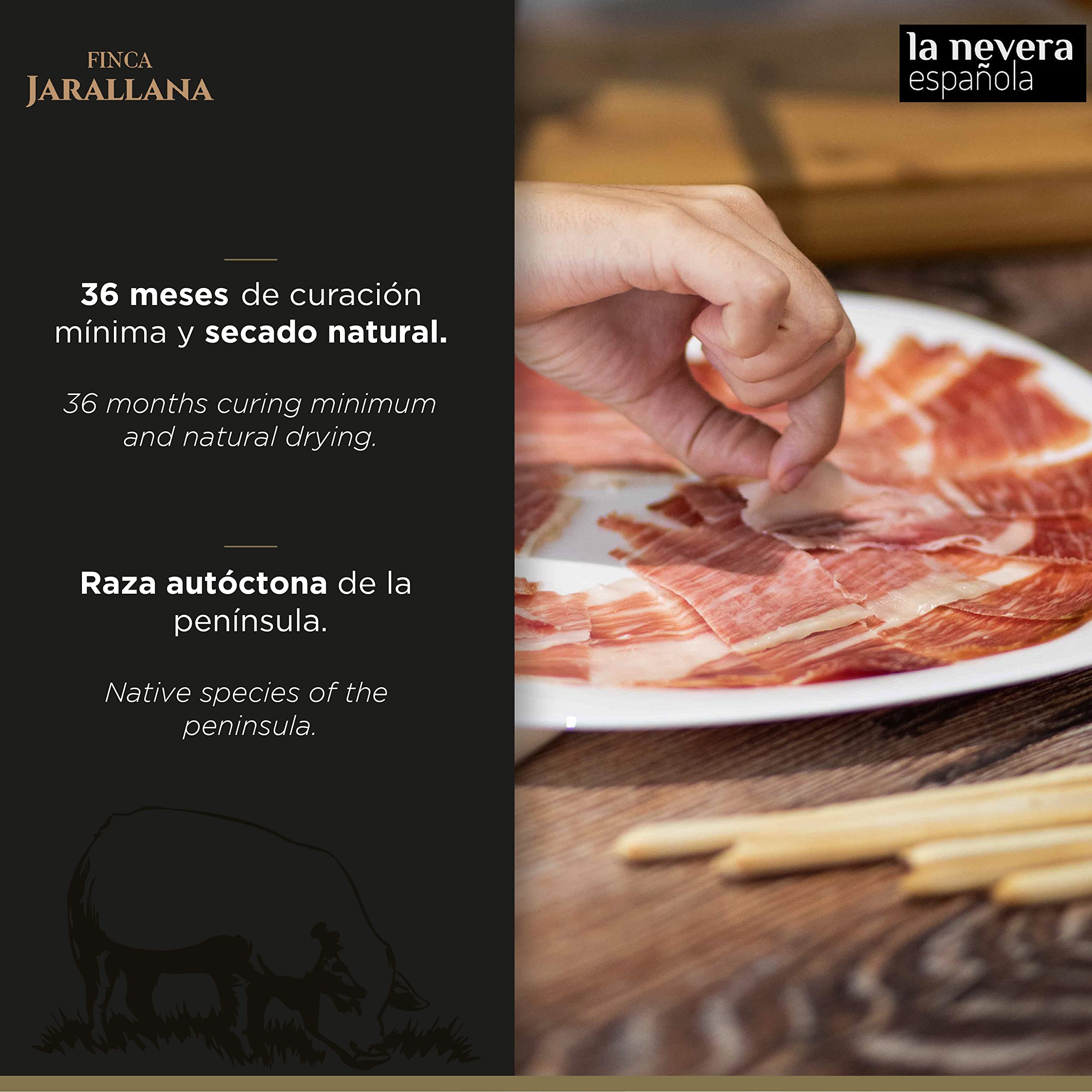 Finca Jarallana | Prosciutto di Ghianda 100% Iberico | Pezzo da 9 kg ca. Stagionatura Minima di 36 Mesi e Essiccazione Naturale | Suini 100% Razza Iberica