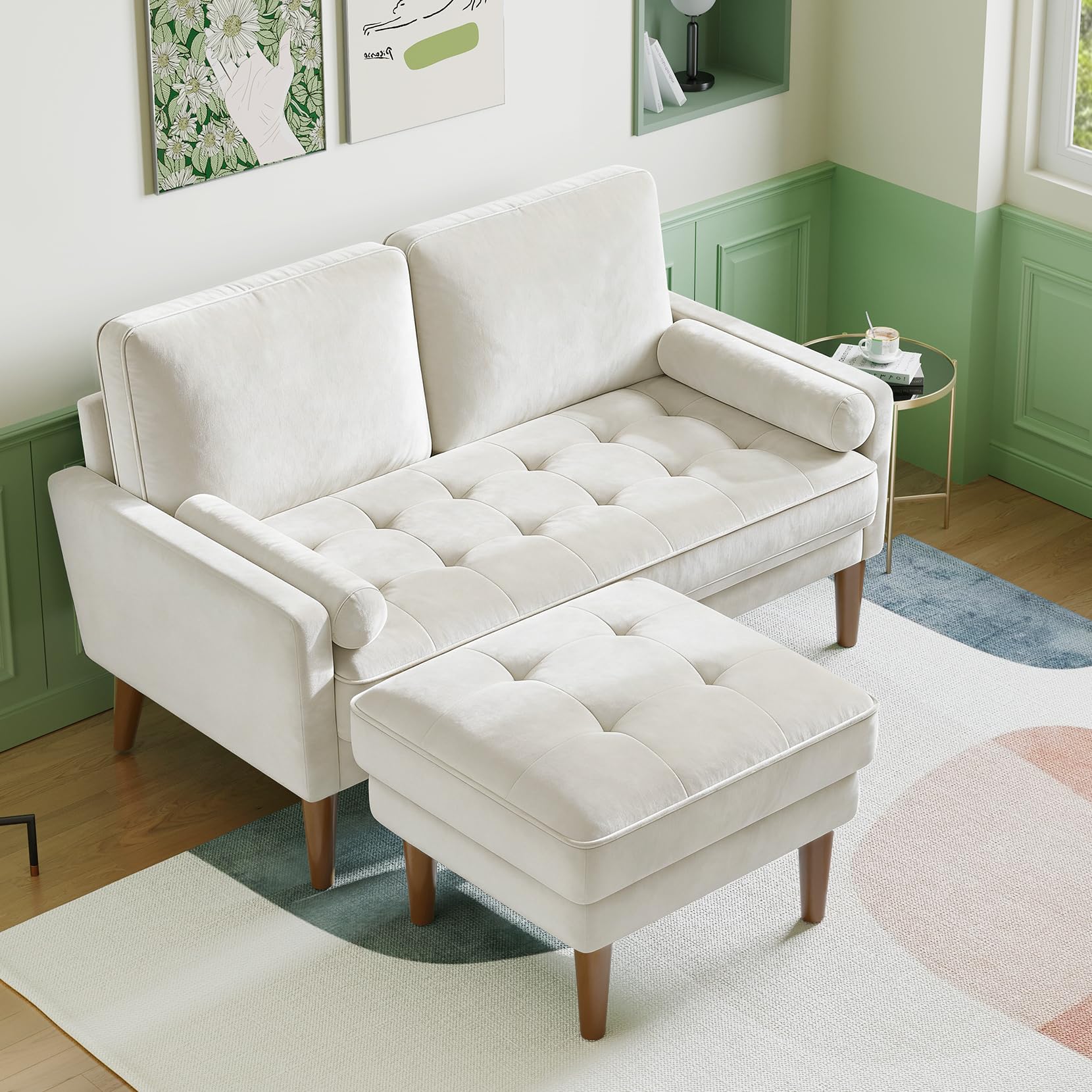 Vesgantti Small 2 Seater Sofa with Ottoman, Comfy Couch with Spring Cushion, Velvet Sofa with Wood Legs, Modern Love Seat Sofa 2 Seater for Living Room, Small Couch for Bedroom, Beige Office Couch