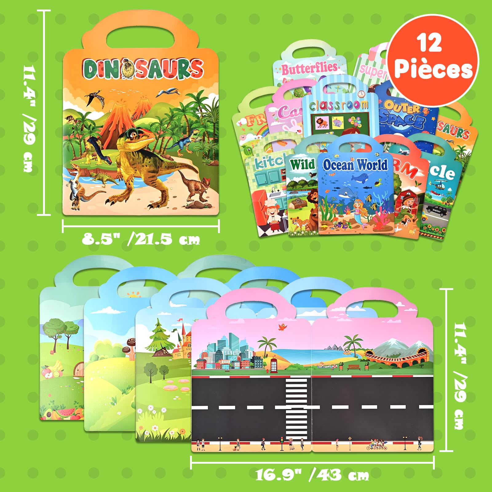 GOLDGE 12 Stickers Book, Libri Adesivi Bambini Attacca e Stacca — Trasporto, Animali, Fattoria, Spazio, Mare, Supermercato, Cucina, Scuola, ecc, Regalo Compleanno Riutilizzabile per Bambini 2-6 Anni