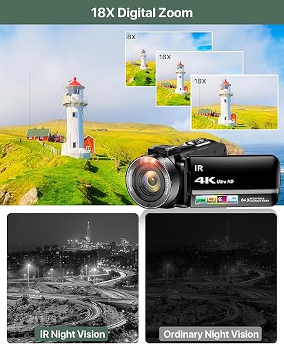 Miniatura 3 de Videocámara 4K 64MP para vlogging, cámara para YouTube, pantalla táctil de 3.0", zoom digital de 18 aumentos, visión nocturna IR con micrófono