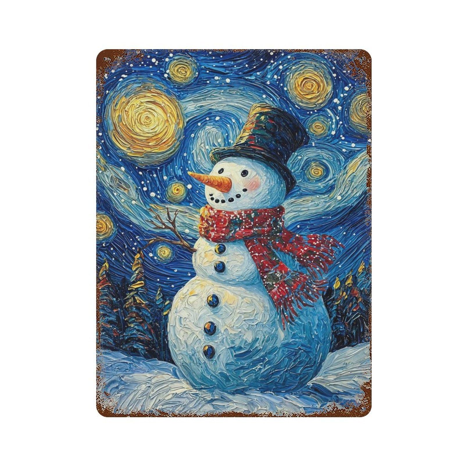 Snowman Under Starry Night Vintage Wall Sign 15.7"x11.8", Rust Effect Metal Decor for Farmhouse, Kitchen And Entryway Decor