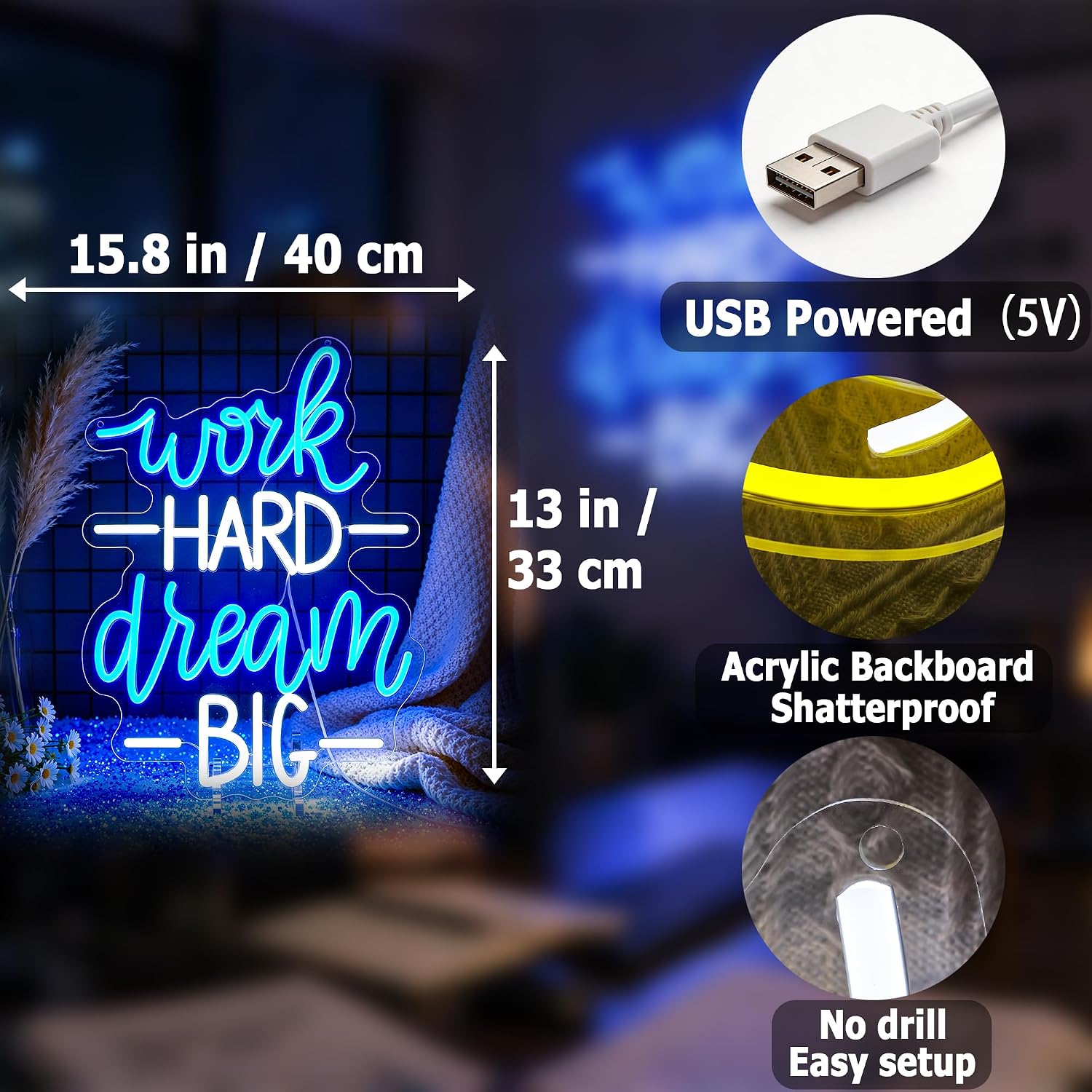 Neon Sign - HSJNJKFU Work Hard Dream Big Neon Signs for Wall Decor, Led Signs for Home Office Classroom Party Room Decor - LED Neon USB Powered