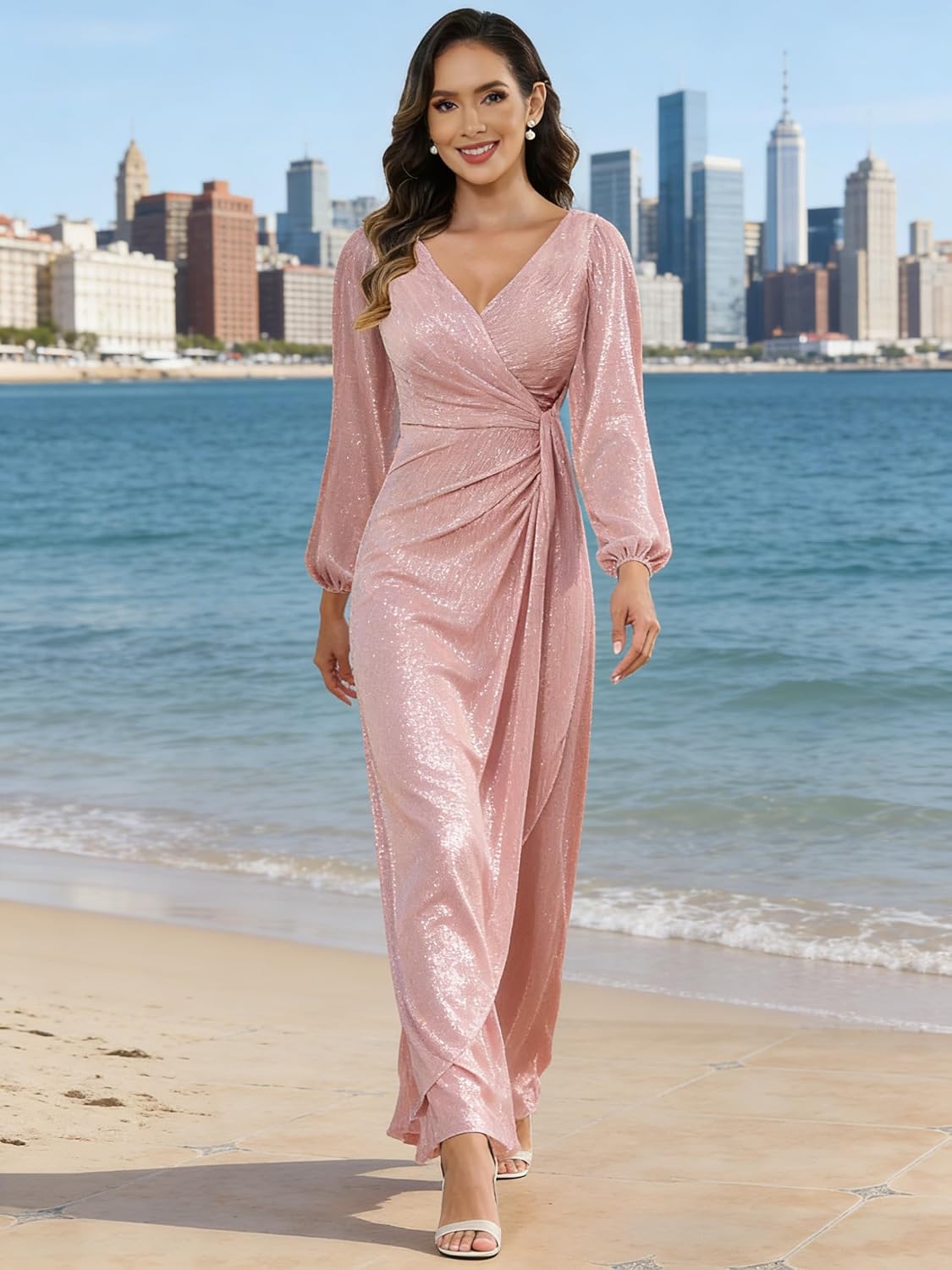 Sequin Mother of The Bride Dresses with Sleeves V-Neck Mermaid Formal Gown Pleated Long Evening Dress