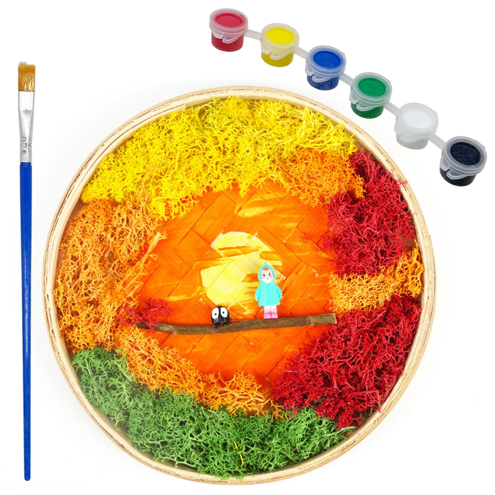 Attuslla Zen Garden Kit for Desk Moss Painting DIY, Micro Landscape DIY Painting with Round Bamboo Painting Frame, Moss