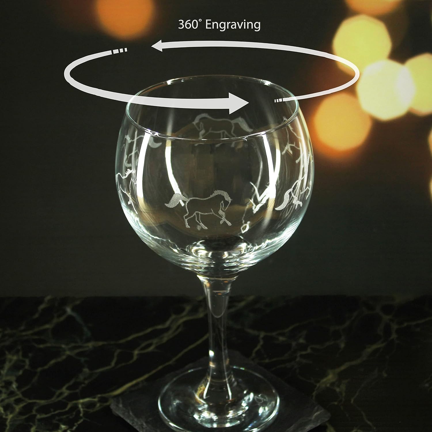 Engraved Gin Glass Horse Pattern Set of Four, 22.5oz/665ml Classic Balloon Glasses, Dishwasher Resistant, Adult Gift
