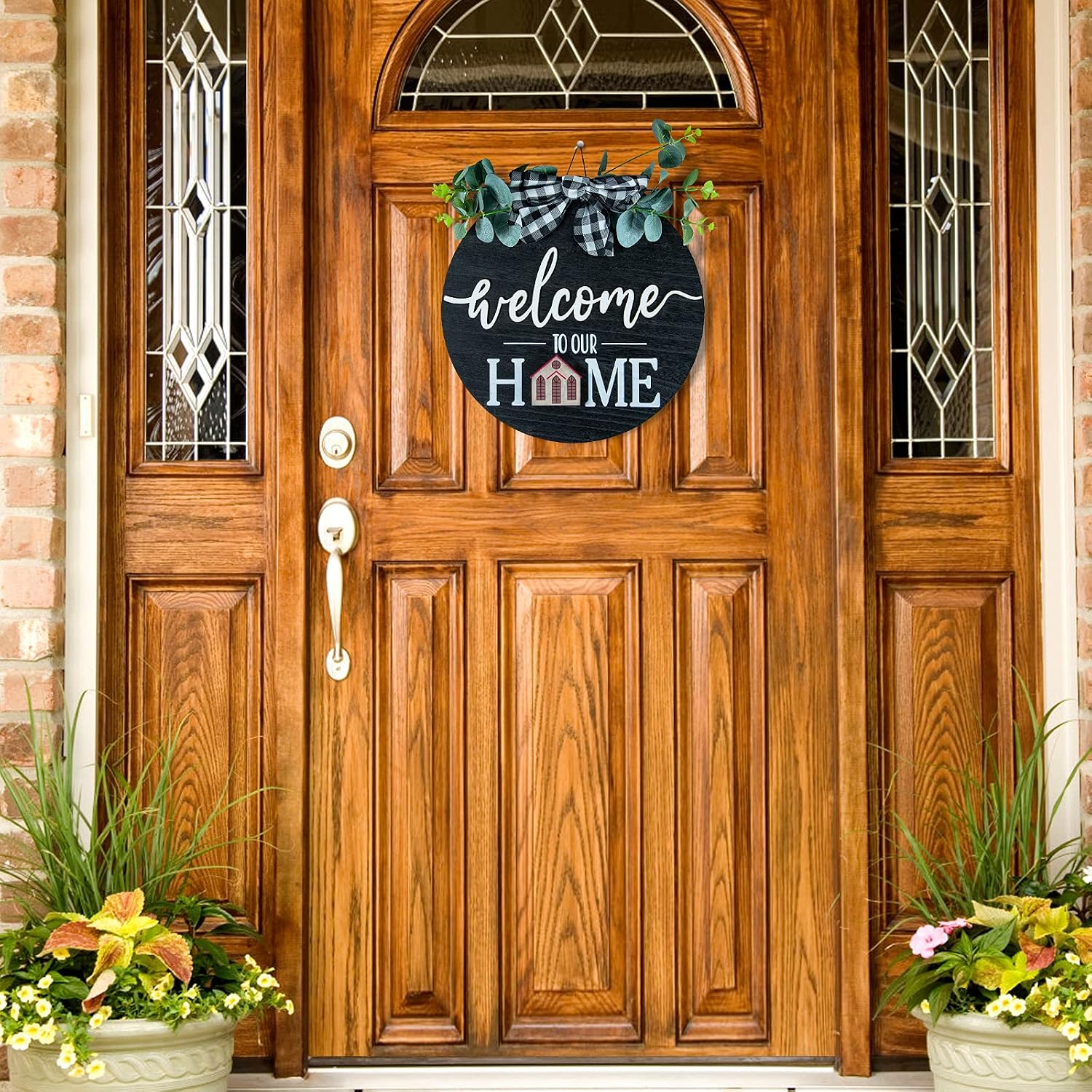 Qmpro Interchangeable Welcome Sign Extra Thick Front Door Porch Decor Farmhouse Wreath Seasonal Rustic Wood Home Sign for Festival Decoration 12"x12" Black