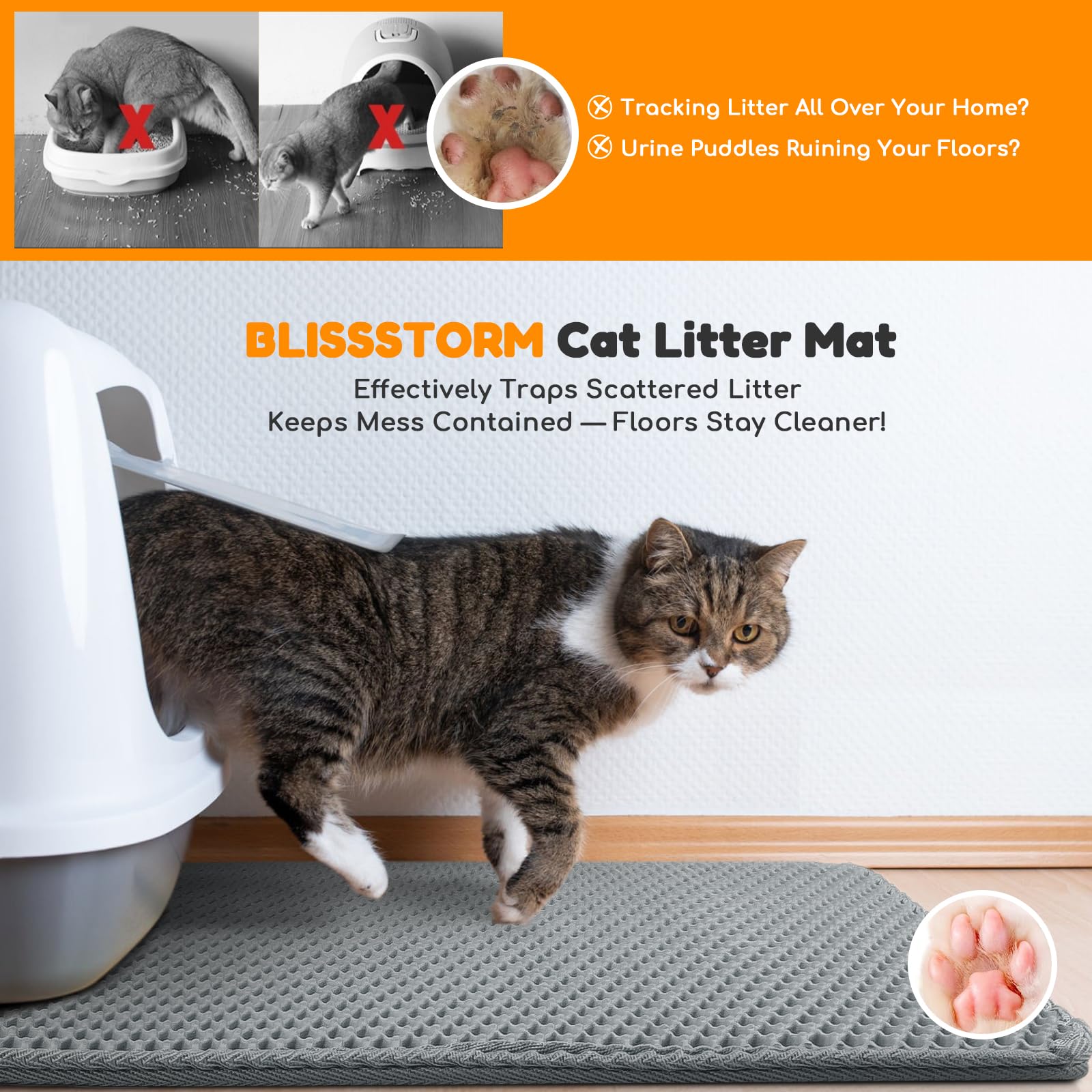 Extra Large Waterproof Cat Litter Mat - New 31x24 Inch Honeycomb Double Layer Traps Litter, Waterproof & Non-Slip Floor Protector, Easy Clean, Odor-Free, Dark Gray - image 7