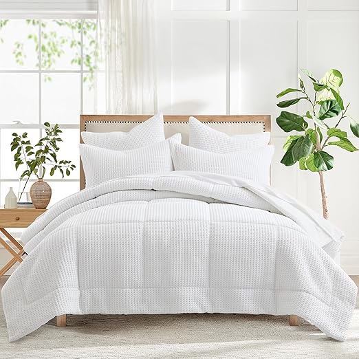 Levtex Home - Mills Waffle Bright White Comforter Set - Full/Queen Comforter + Two Standard Pillow Cases - Bright White Waffle Weave - Comforter (90 x 94in.) and Pillow Case (26 x 20in.) - Cotton