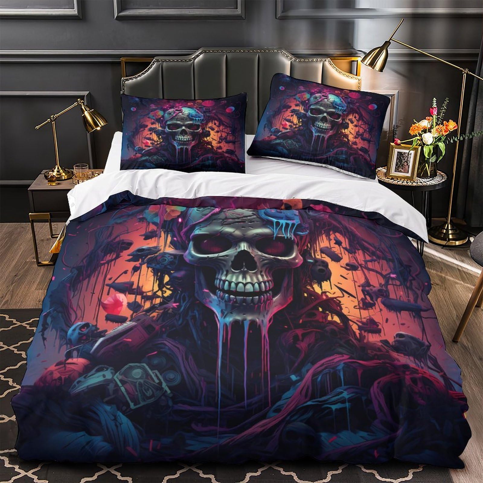 Housse de couette crâne pour chambre d'ado style gothique lit simple déco rock moderne