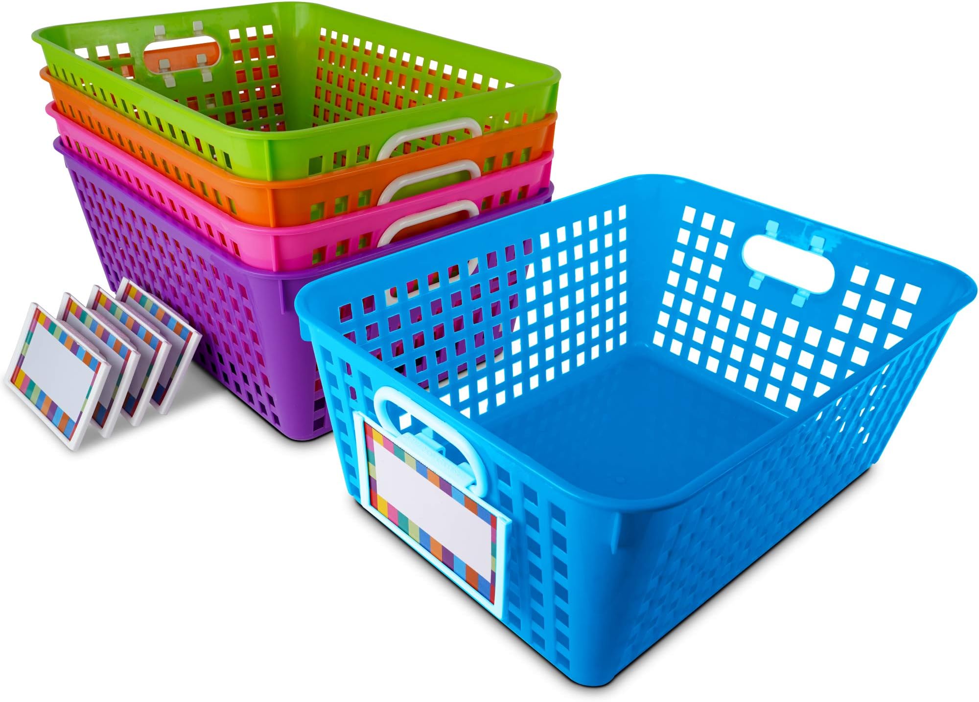 Really Good Stuff 161347 Multi Purpose Storage Baskets and Clip On Labels Set -13"x 10" -5 Pack Neon