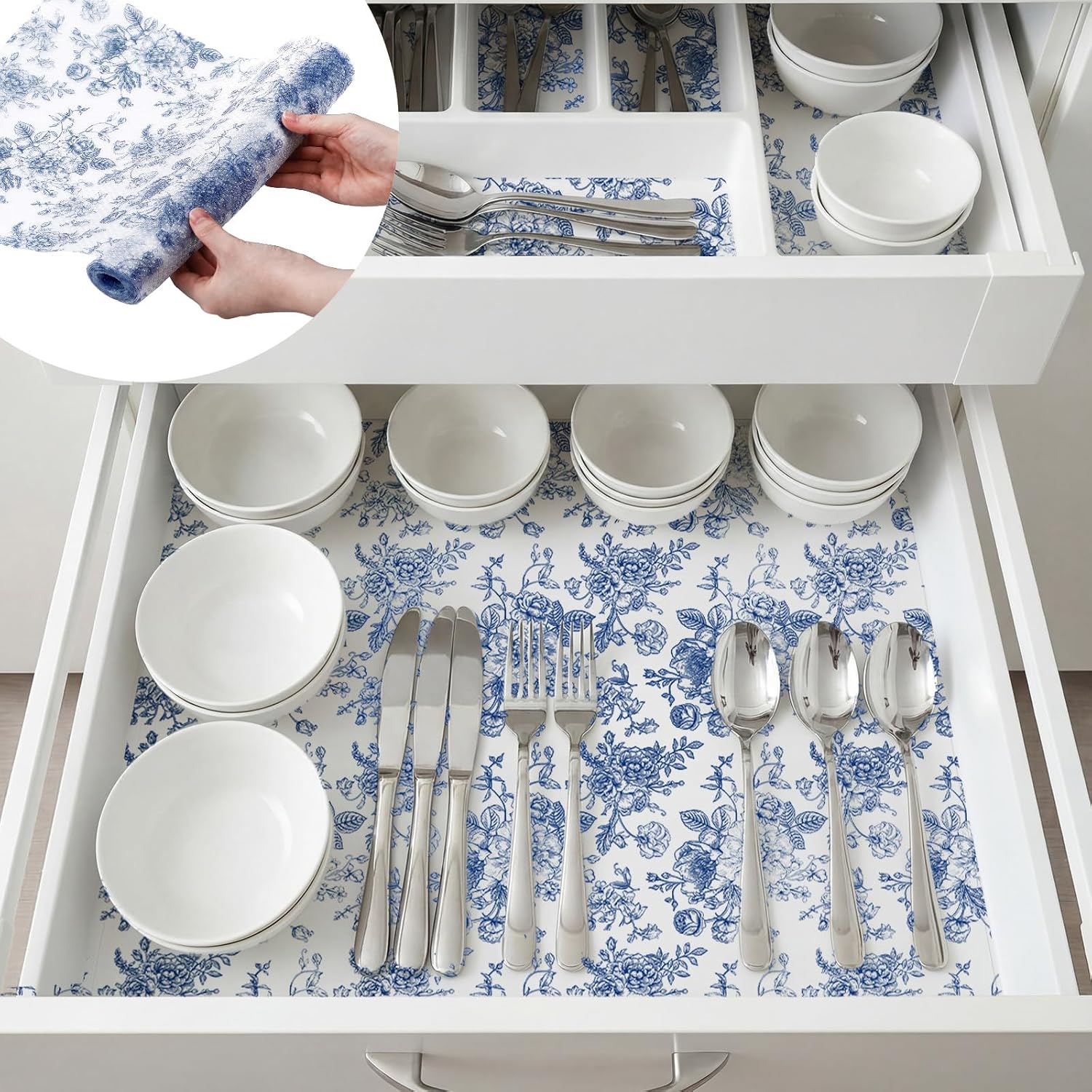 Kathfly Blue Floral Shelf and Drawer Liner for Kitchen Cabinets Refrigerator Liner Non-Adhesive Waterproof Fridge Cupboard Mat for Home Table Kitchen Decoration Easy to Clean 12 x 360 Inch