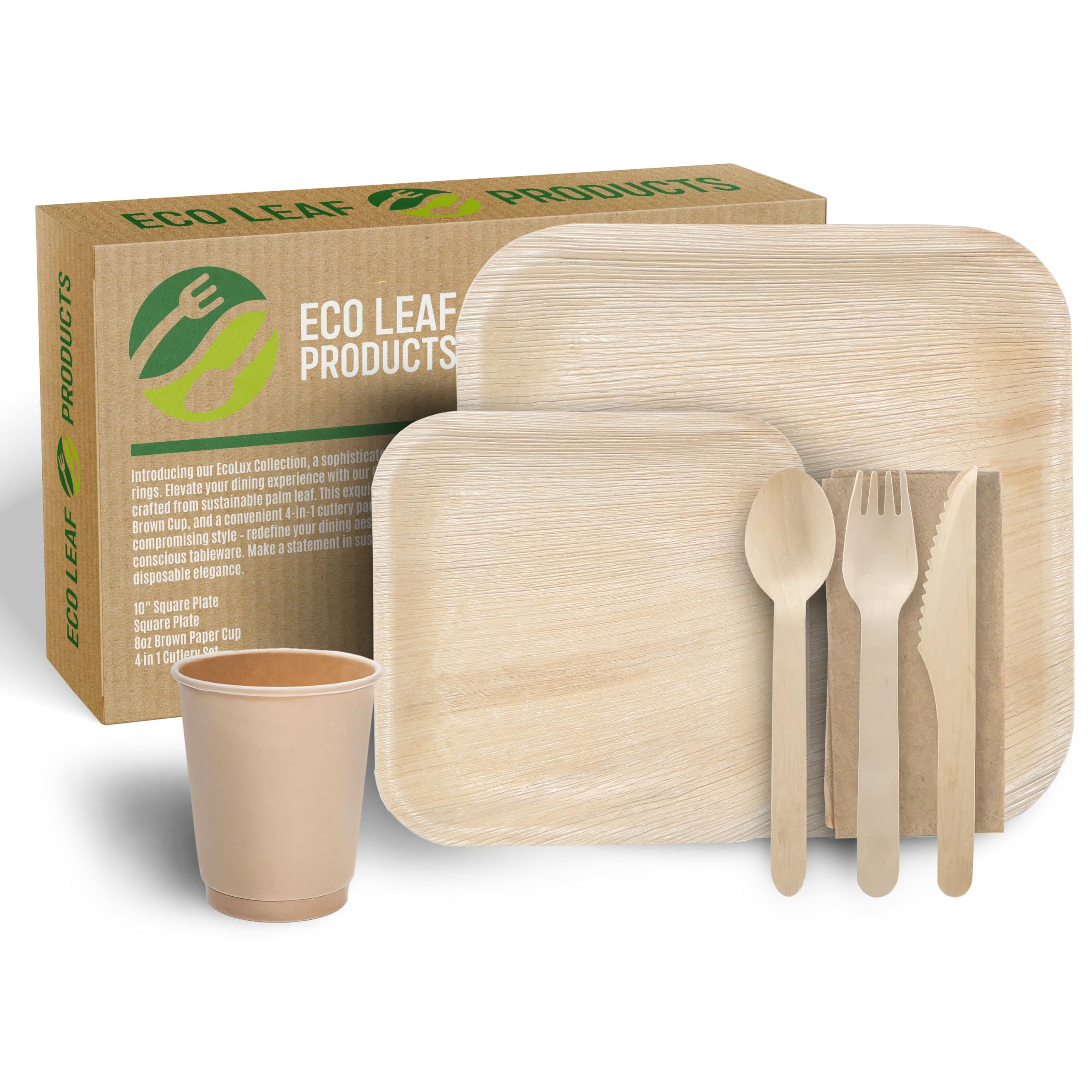 ECO Leaf 350 Pcs Disposable Palm Leaf Dinner Set | 50 X 10 Square Plates, 6" Square Canape Plate, 8oz Bamboo Paper Cups, Wooden Cutlery Set | Eco-Friendly Heavy-Duty Bundle for Wedding, Party, Picnic