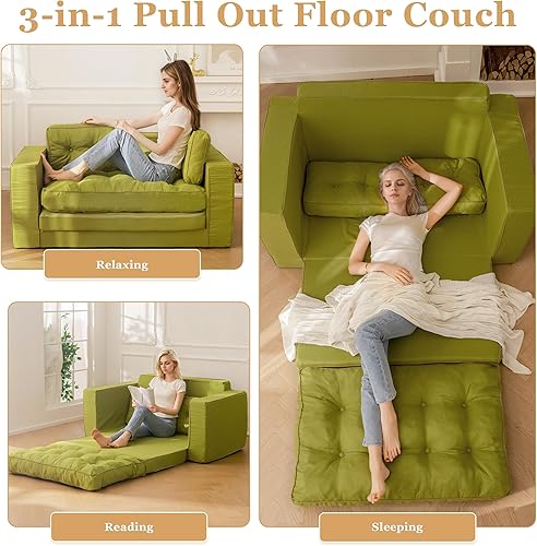 Miniatura 5 de YOSHOOT Sofá biplaza convertible de 55 pulgadas, sofá cama futón para sala de estar, sofá cama extraíble 3 en 1 con respaldo y almohadas, color verde