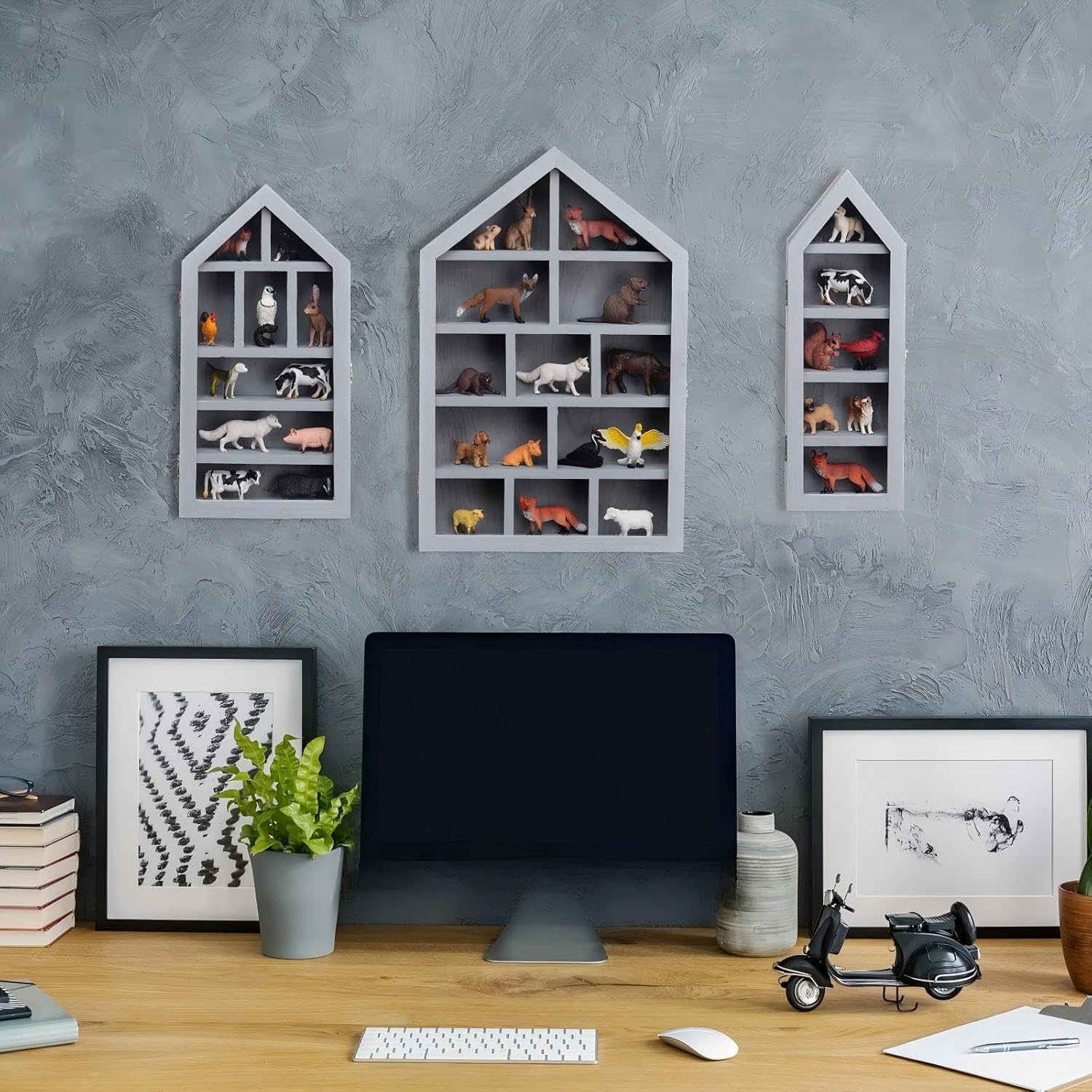 Set of 3 Wooden Trinket Display Shelf Shadow Box with Shelves 10 x 15 Inch Large Wall Mounted Display Storage Mini Figures Curio Trinket Medals Crafts Collections(Gray,House Shape)