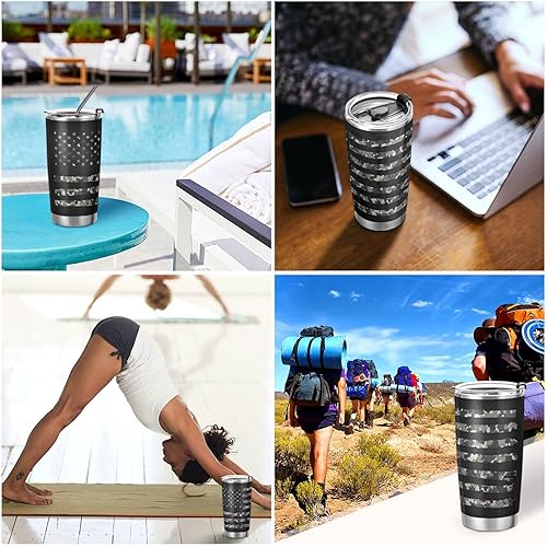 Miniatura 7 de Vaso térmico de viaje de 20 onzas con la bandera de Estados Unidos, diseño de camuflaje gris, taza térmica para bebidas frías y calientes, de acero