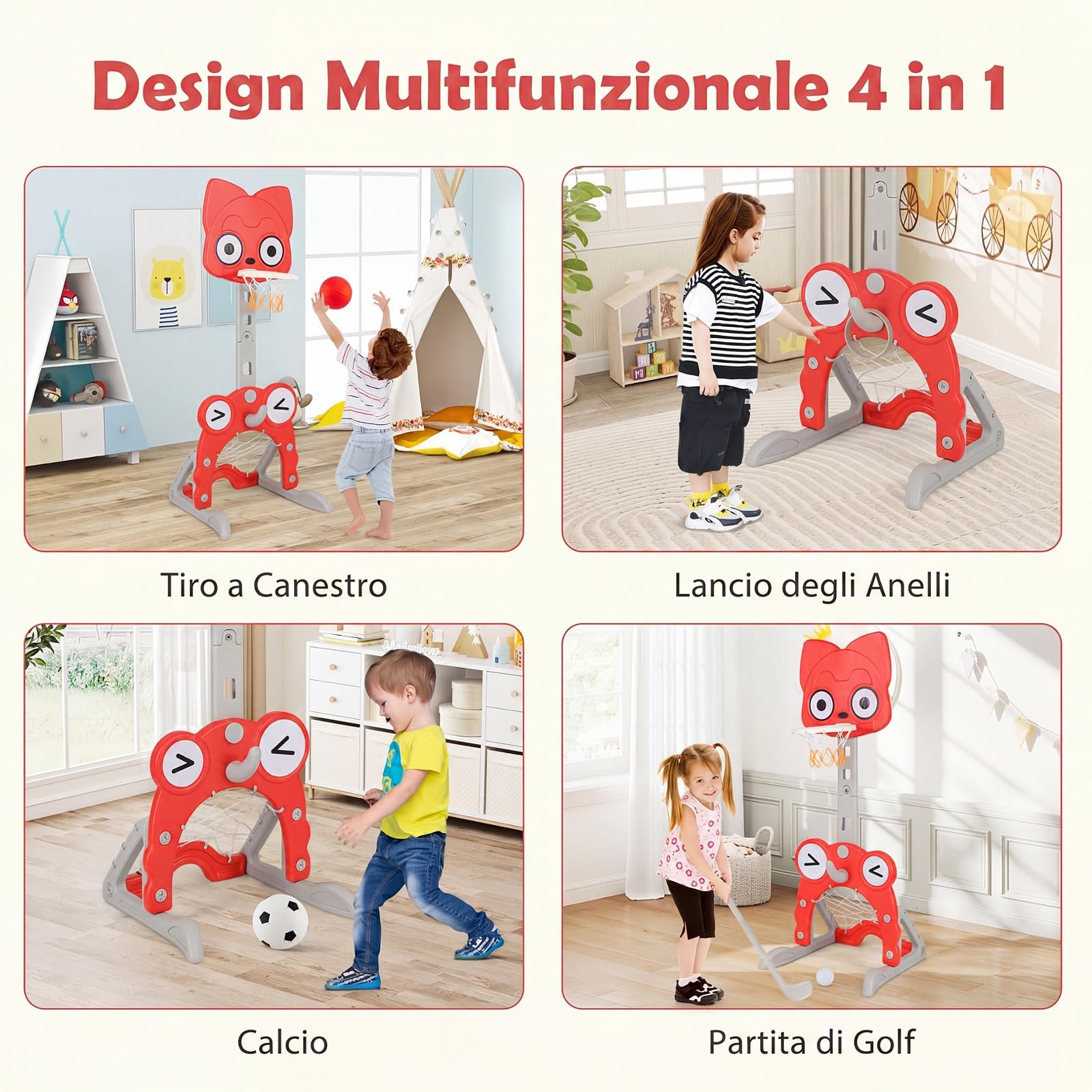COSTWAY Canestro da Basket 4 in 1 per Bambini 3+ Anni, Altezza 118-148 cm | Centro di Attività Forma Volpe in HDPE con Golf, Calcio e Anelli da Lancio, Base Riempibile, per Cameretta e Asilo Nido