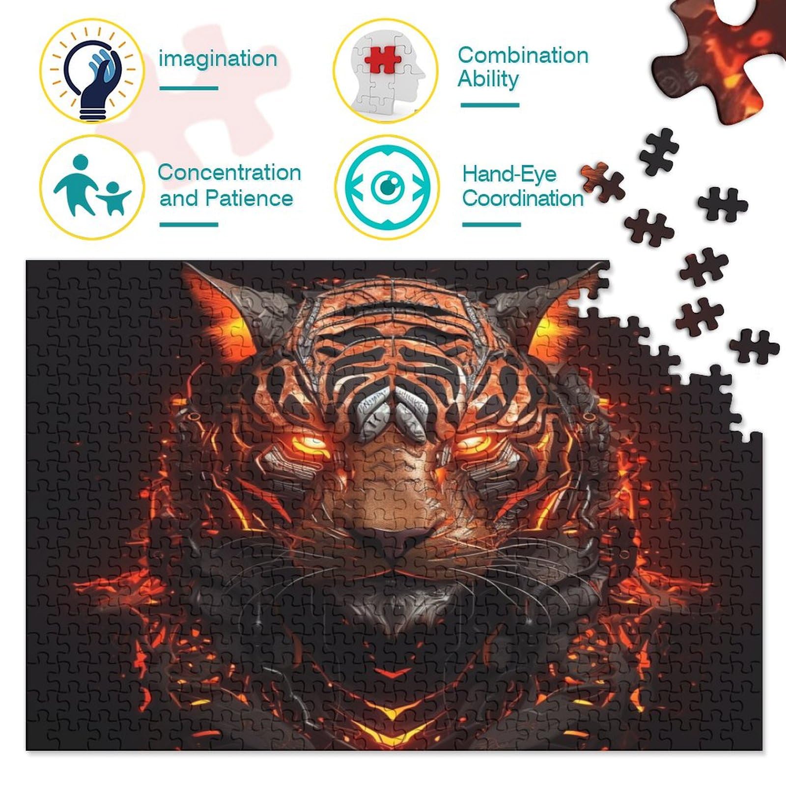 1000 Teile Puzzle Tiger & Schädel – 75x50 Cm, Holz-Puzzle Mit Buchstaben-Hilfe Auf Der Rückseite
