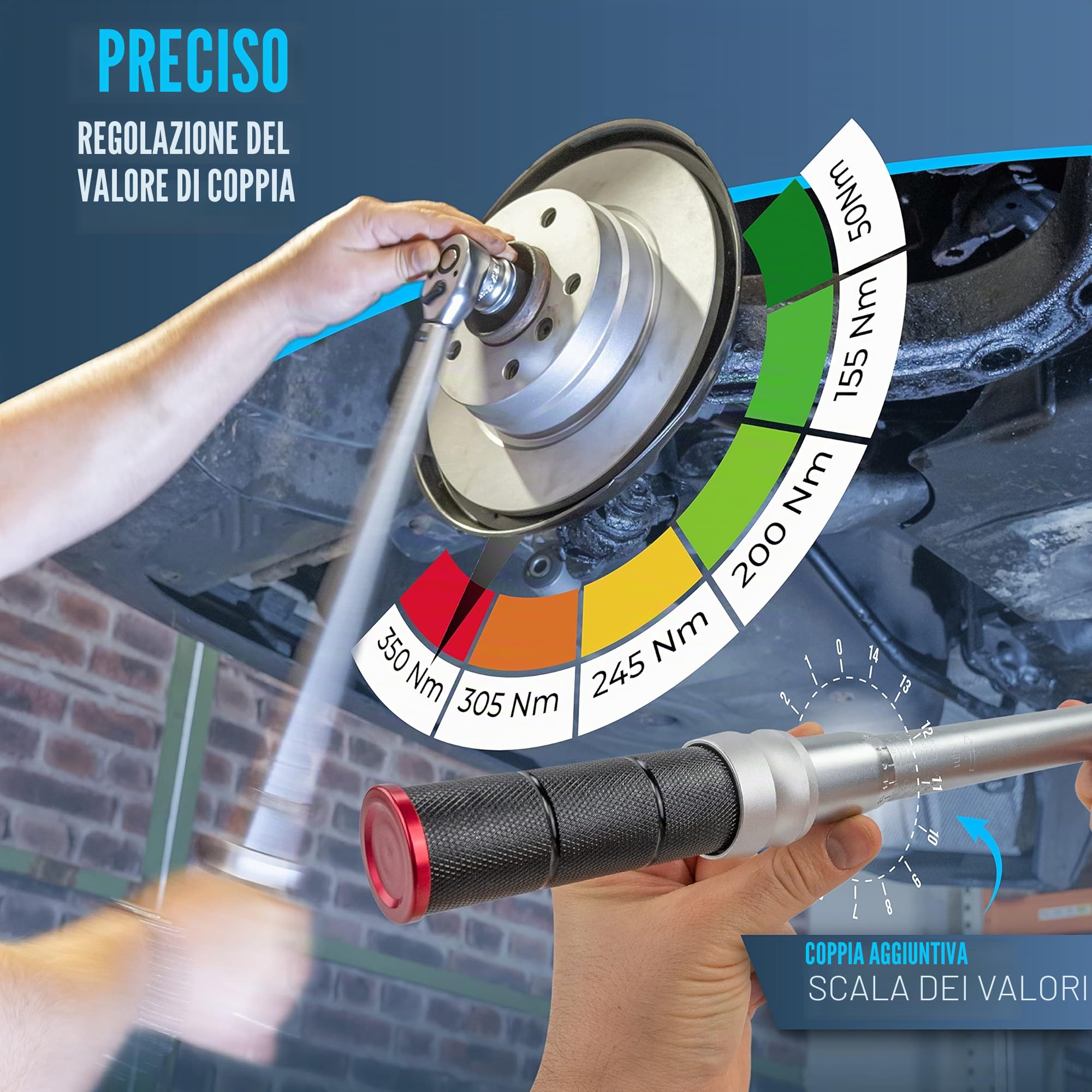 HASKYY Set di chiavi dinamometriche 1/2" 50-350 Nm per auto con molto accessori come prolunga, punte, inserti per dadi, adattatori