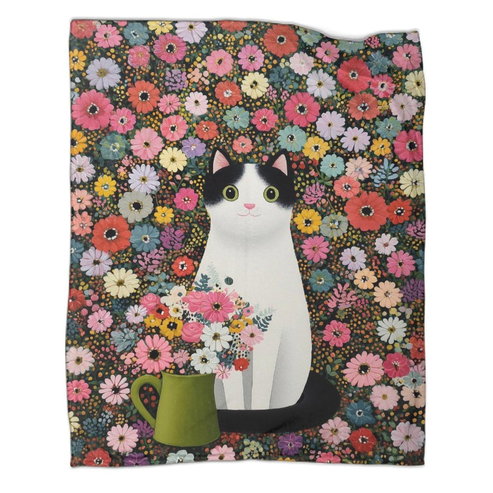 kaiyun Cat And Flower Art Patterned Throw Warm for Camping Outdoor Lightweight for Sofa Bed 50x60inch(127x152cm)