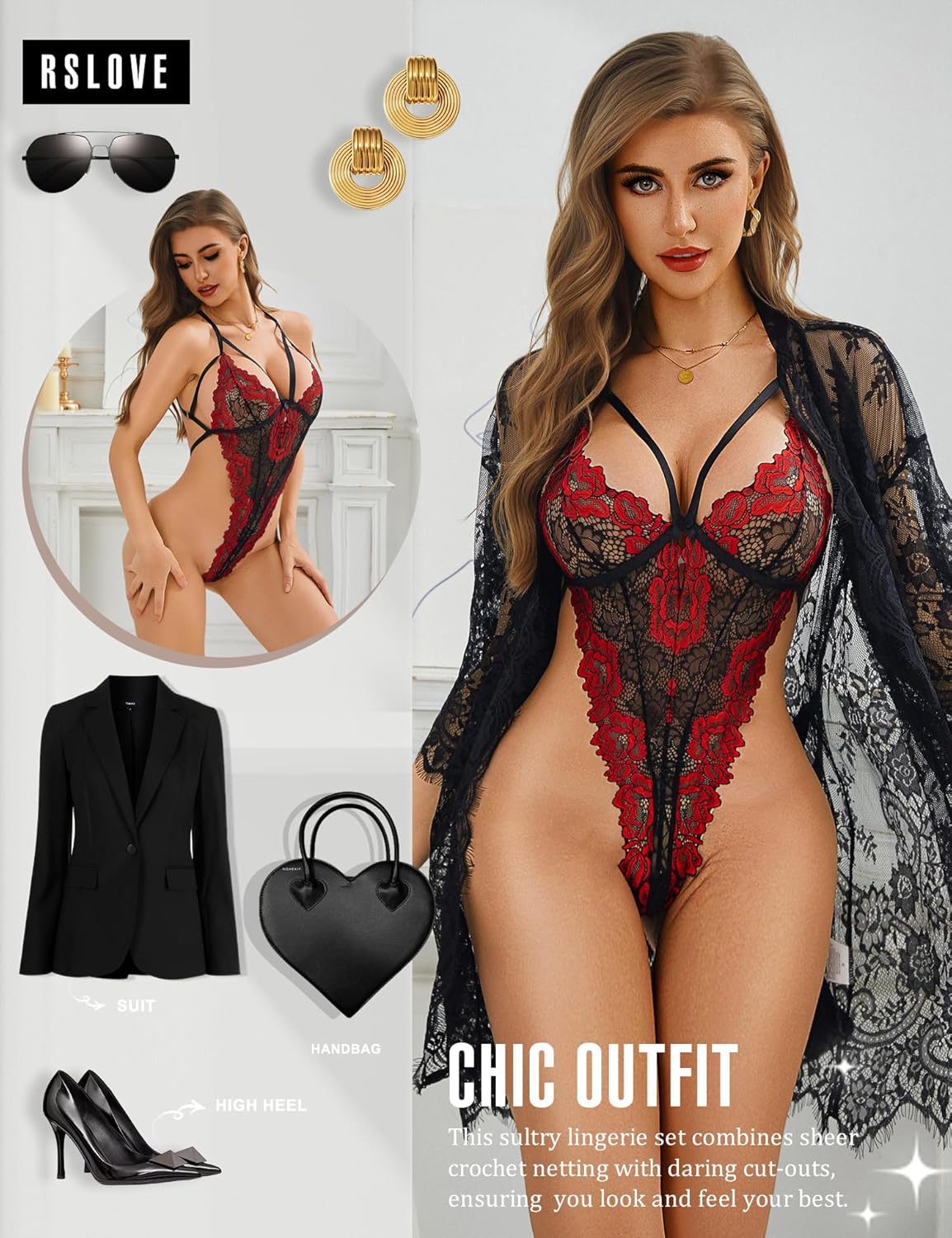 RSLOVE Sexy Womens Lingerie Set - 2 Piece Lace Kimono Robe with Lace Teddy Lingerie Bodysuit Sexy - Image 5