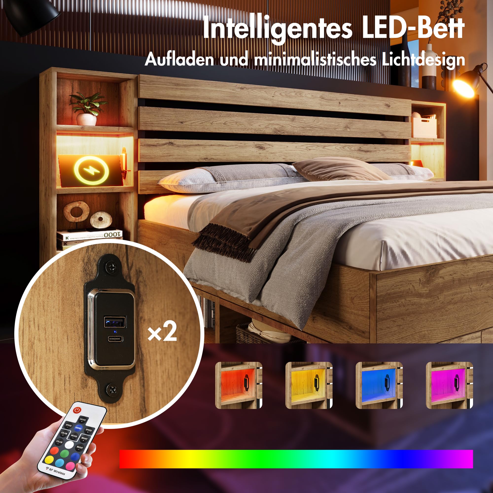Massivholzbett 180x200 cm, Doppelbett mit Stauraum, LED-Beleuchtung & USB-C, Bett mit Kopfteil und Schubladen, Bettgestell mit Lattenrost aus Holz, Eiche, ohne Matratze