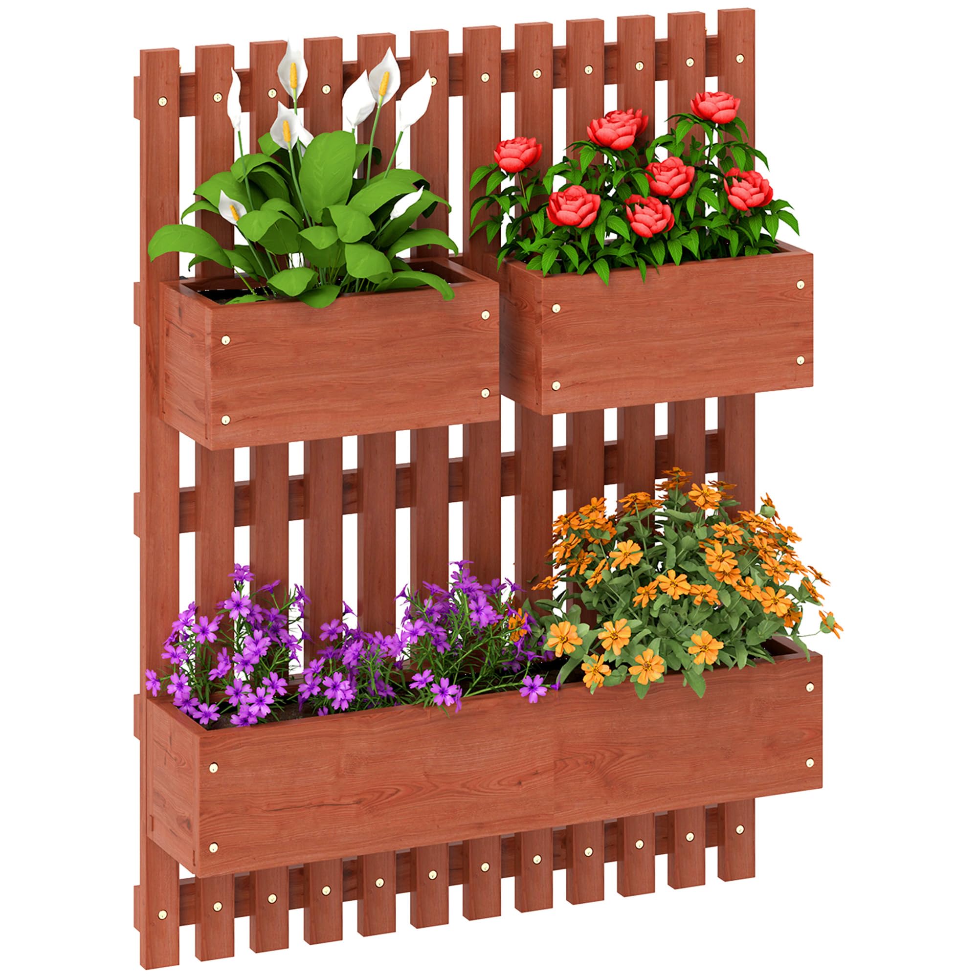 Outsunny Brown Wall-Mounted Wooden Garden Planters With Trellis, Drainage Holes And 3 Movable Planter Boxes, Wall Raised Garden Bed For Patio,