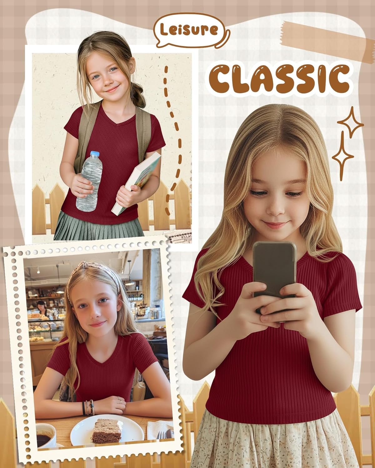 Girls Shirts Short Sleeve V Neck Ribbed Slim Fit Kids Tops Comfy Cute Summer Teen Girl Basic Tees - Image 3