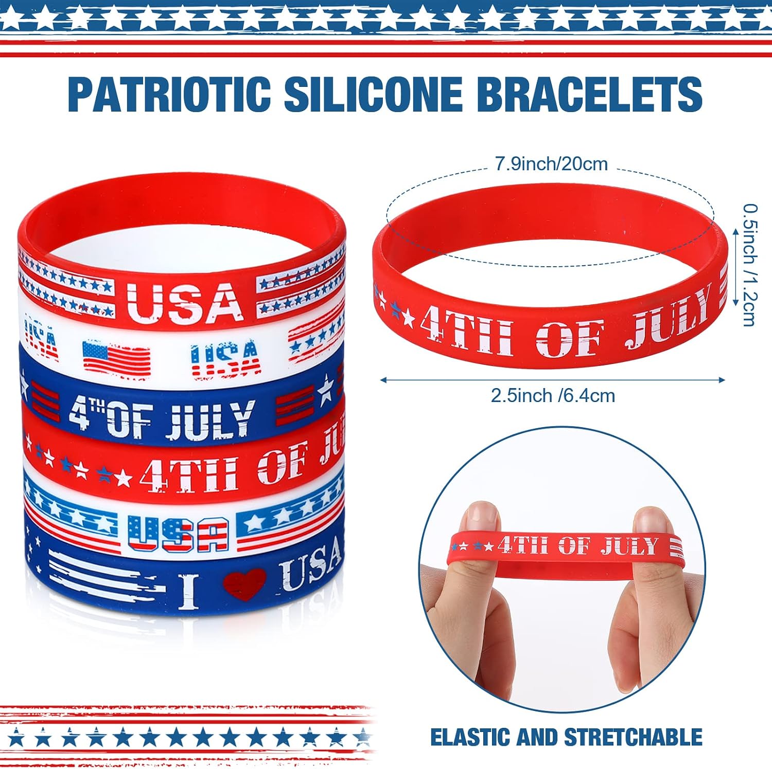 48 Pcs Patriotic Silicone Bracelets 4th of July Wristbands Blue Red and White Bracelets Independence Day Sports Wristbands for 250th Anniversary Labor Day Veterans Days Memorial Days Supplies