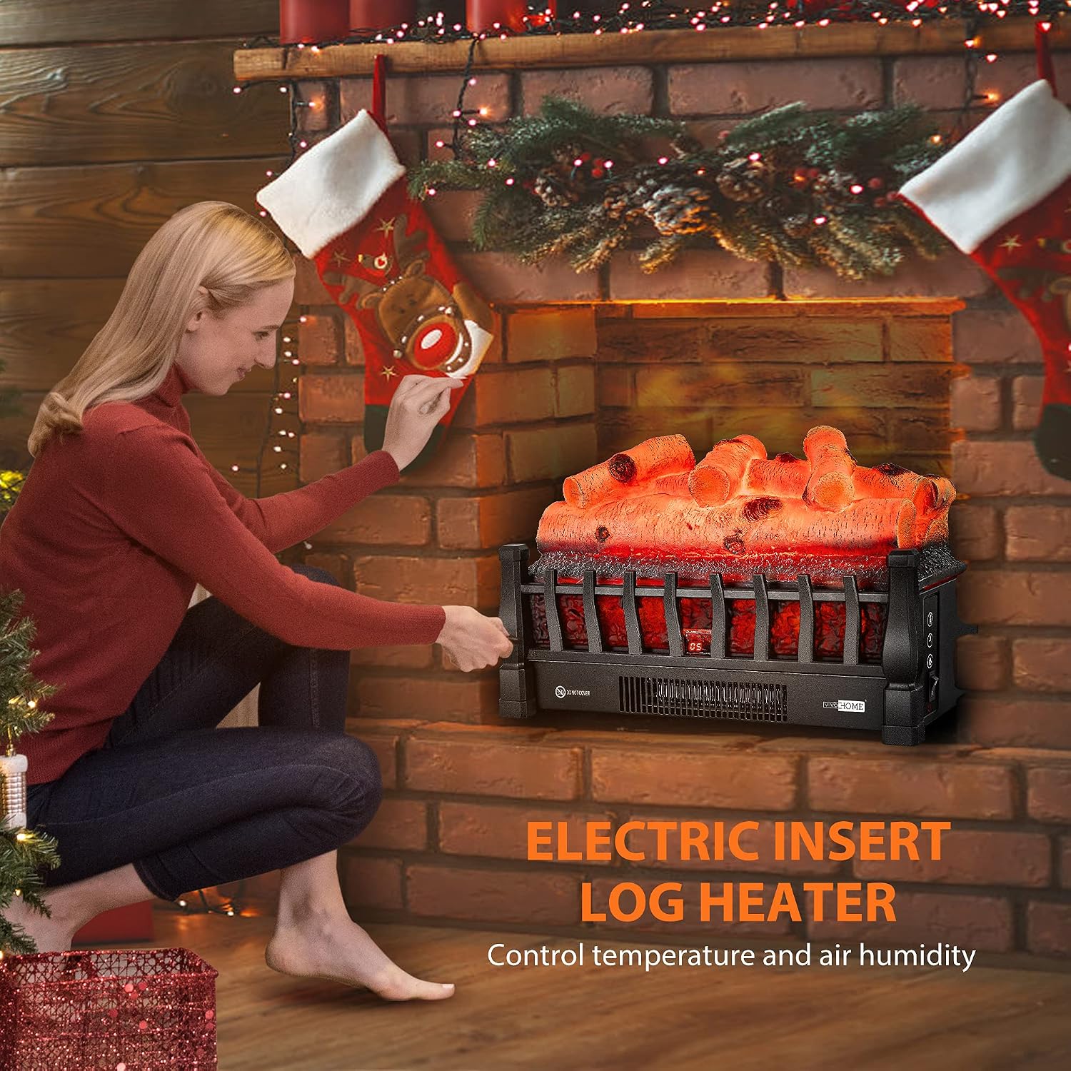 VIVOHOME 110V Electric Fireplace Log Set Heater with Glowing Ember Bed and Remote Controller Black