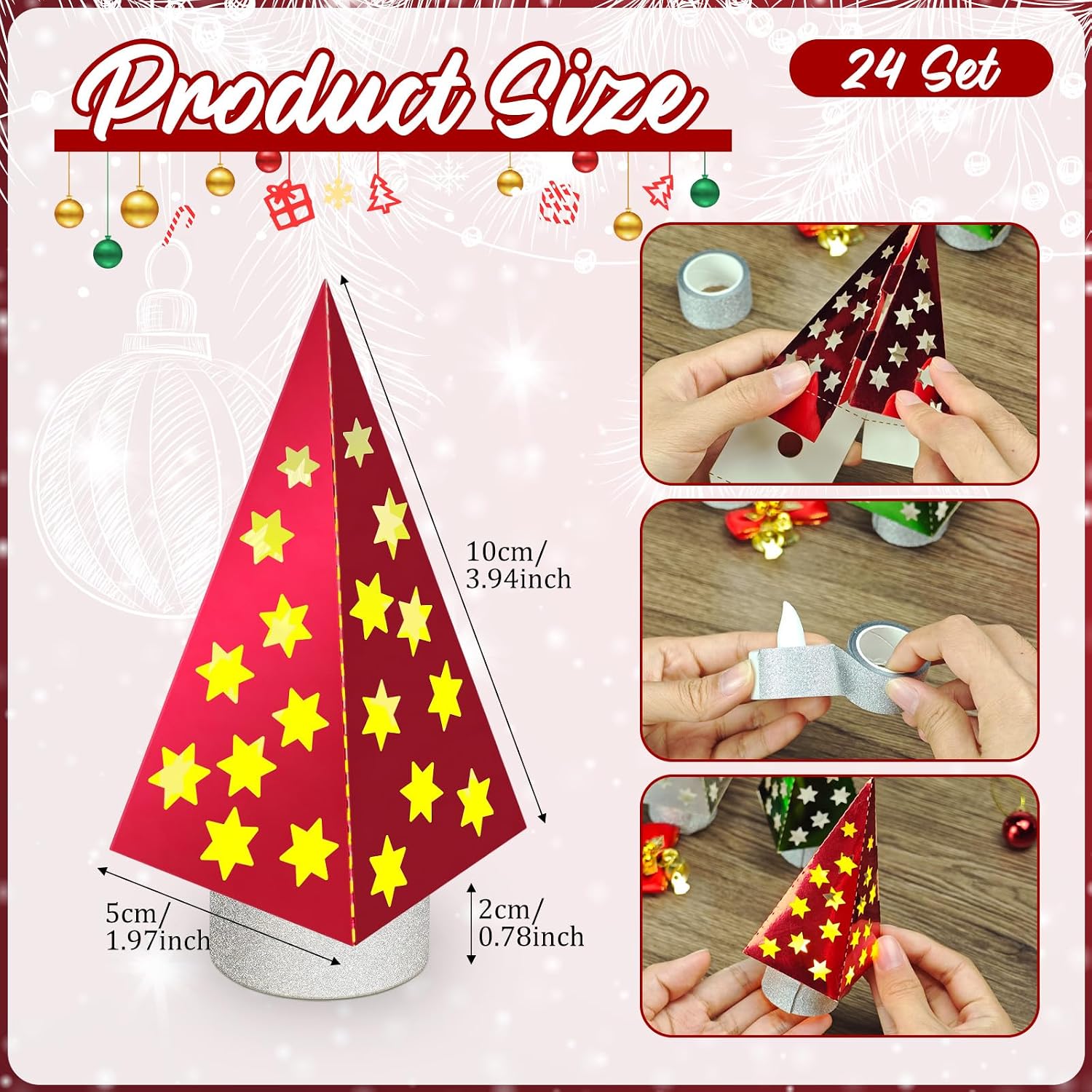 Cinrobiye 24 Pack Christmas Centerpiece Table Decorations，Light Up Xmas Paper Lantern Decorative Glitter Table Centerpiece Boxes for Winter Wonderland Christmas Holiday Party Home Table Decor