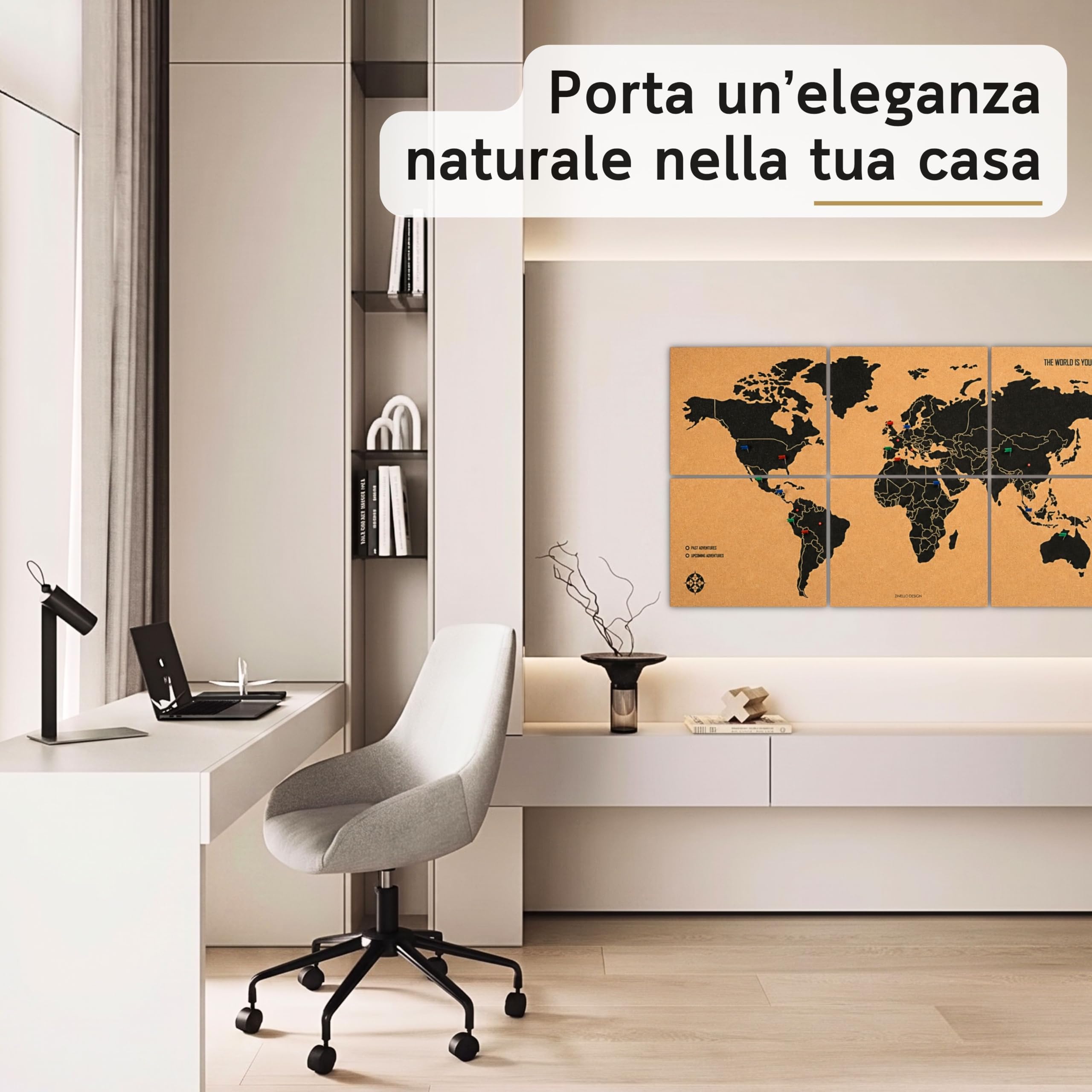 Mappamondo da Parete XXL 120x60 cm – 6 Pannelli Autoadesivi in Sughero – Mappa del Mondo con Puntine – Planisfero Gigante Segna Viaggi – 60 Puntine
